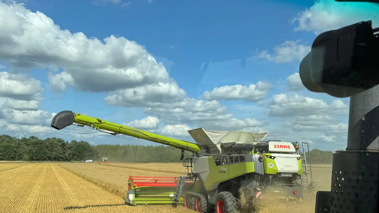 Fendt-Traktor mit rotem Kippanhänger auf einem abgeernteten Feld unter dramatischem Himmel
